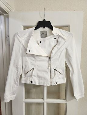Guess White Cropped Moto Jacket Asym Zip Cotton Stretch Small
